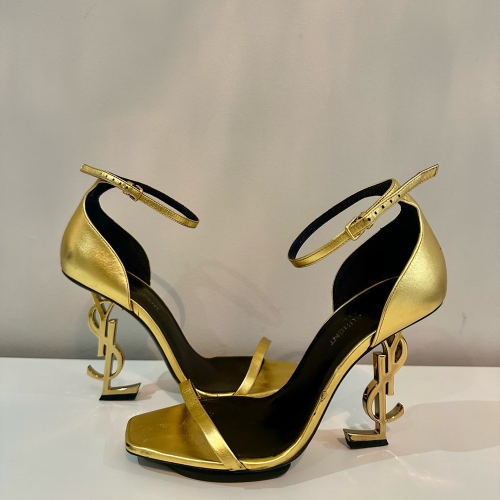 Yves Saint Laurent Gold Heels with Logo Detail